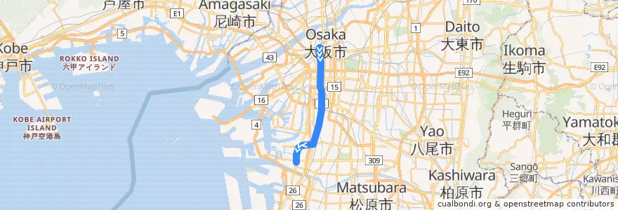 Mapa del recorrido Osaka Metro四つ橋線 de la línea  en 大阪市.