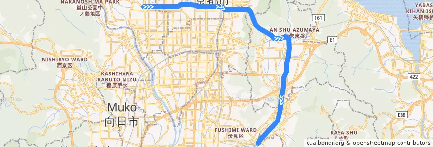 Mapa del recorrido 京都市営地下鉄東西線 : 太秦天神川→六地蔵 de la línea  en Quioto.