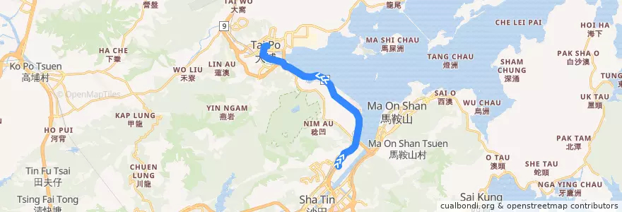 Mapa del recorrido 九巴872X線 KMB 872X (沙田馬場 Sha Tin Racecourse → 大埔中心 Tai Po Central) de la línea  en Yeni Bölgeler.