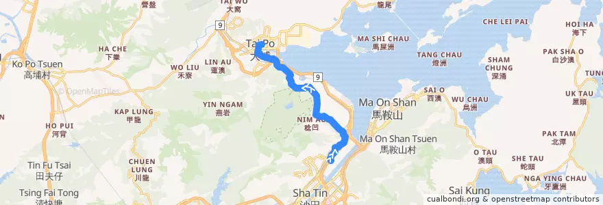 Mapa del recorrido 九巴872線 KMB 872 (沙田馬場 Sha Tin Racecourse → 大埔中心 Tai Po Central) de la línea  en الأقاليم الجديدة.