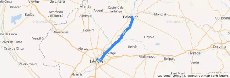 Mapa del recorrido RL1: Lleida-Pirineus - Balaguer de la línea  en Lérida.