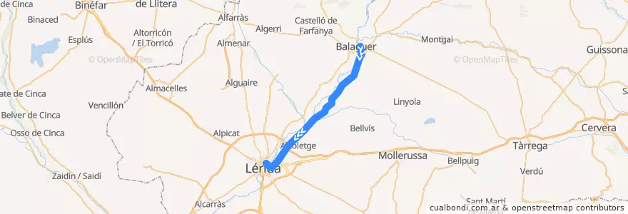 Mapa del recorrido RL1 : Balaguer - Lleida-Pirineus de la línea  en Lérida.