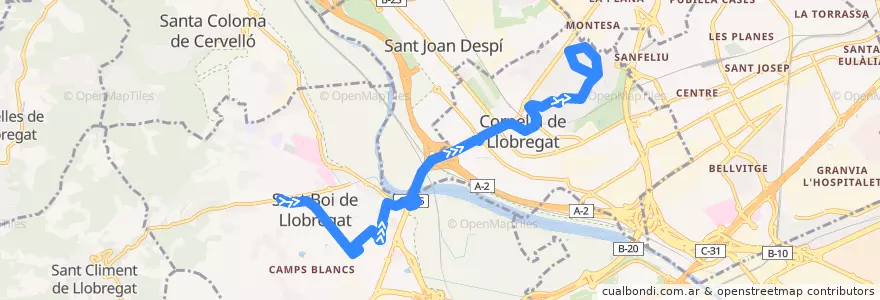Mapa del recorrido L74 Sant Boi de L. (Pl. Forces Armades) => Cornellàde L. (Sant Ildefons) de la línea  en Baix Llobregat.