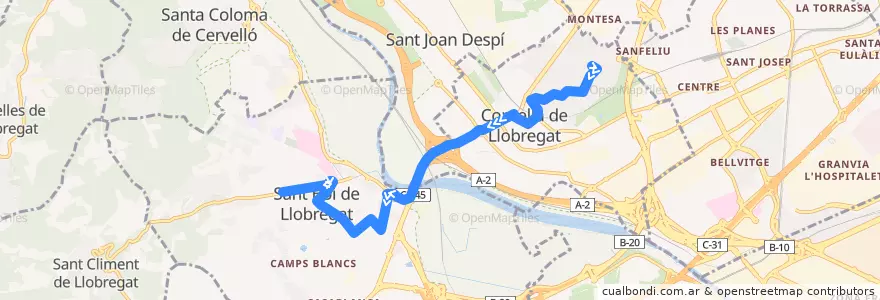 Mapa del recorrido L74 Cornellà de L. (Sant Ildefons) => Sant Boi de L. (Pl. Forces Armades) de la línea  en Baix Llobregat.
