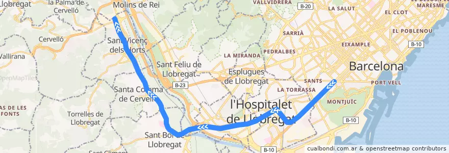 Mapa del recorrido S9 Barcelona - Pl. Espanya => Quatre Camins de la línea  en Barcelona.
