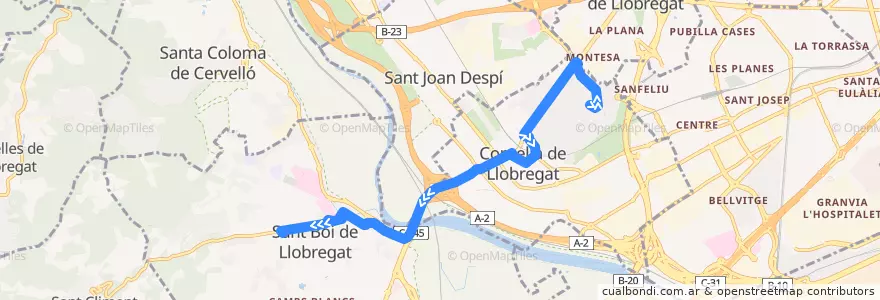 Mapa del recorrido L75 Cornellà de L. (Sant Ildefons) => Sant Boi de L. (Pl. Forces Armades) de la línea  en Baix Llobregat.