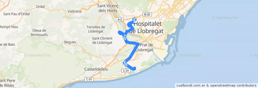 Mapa del recorrido L77 Sant Joan Despí (H. Comarcal Moisès Broggi) => Aeroport Terminal T1 de la línea  en Baix Llobregat.