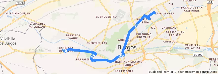 Mapa del recorrido L39: Barrio El Pilar - Vista Alegre G3 (por Pozanos) de la línea  en Burgos.