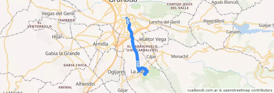 Mapa del recorrido Bus 0177: Granada → La Zubia (Campo de Fútbol) de la línea  en Comarca de la Vega de Granada.