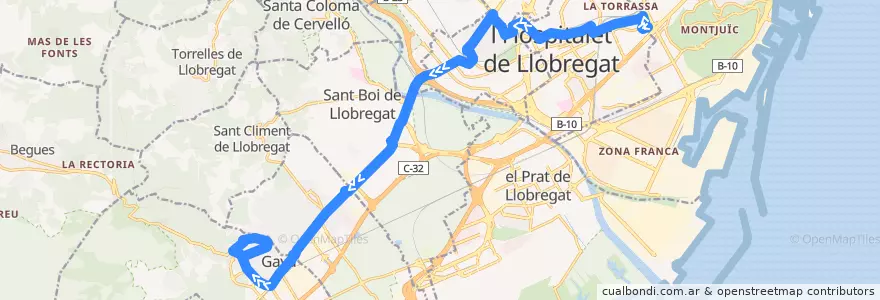 Mapa del recorrido L85 L'Hospitalet de L. (Ciutat de la Justícia) => Gavà (Av Joan Carles I) de la línea  en Barcelona.