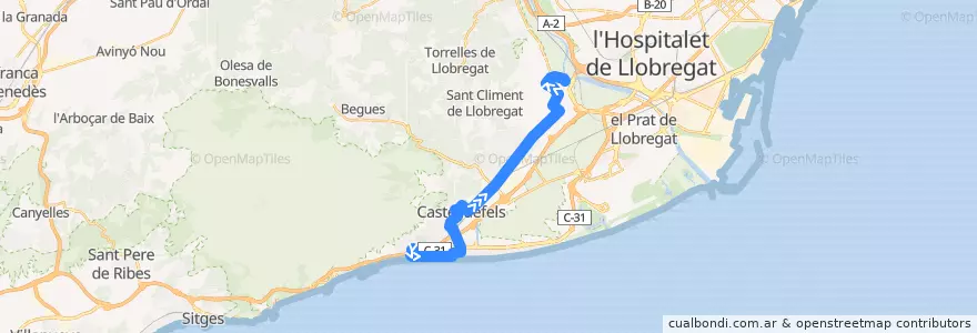 Mapa del recorrido L96 Castelldefels (Bellamar) => Sant Boi de L. (Estació FGC) de la línea  en Baix Llobregat.