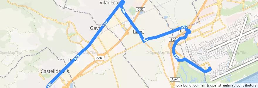Mapa del recorrido L99 Castelldefels (Pl. Estació) => Aeroport Terminal T1 de la línea  en Baix Llobregat.