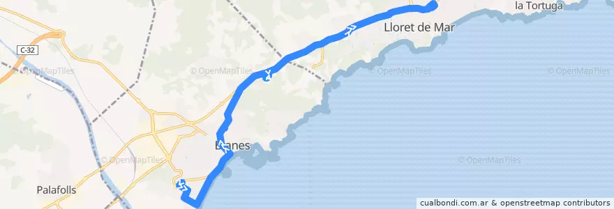 Mapa del recorrido Blanes Lloret de Mar de la línea  en Selva.