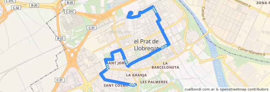 Mapa del recorrido PR2 El Prat de Llobregat (Sant Cosme Riu Llobregat => Estació Rodalies) de la línea  en Эль-Прат-де-Льобрегат.
