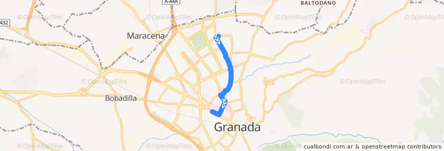 Mapa del recorrido Bus N6: Casería del Cerro → Avenida de Pulianas → Caleta de la línea  en Granada.