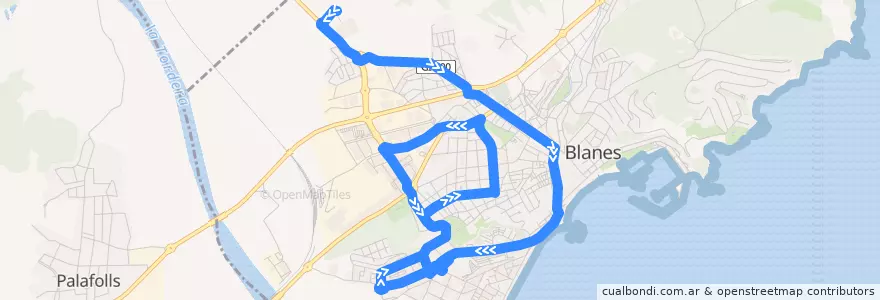 Mapa del recorrido Ciutat Esportiva - Ca la Guidó - Blanes Terminal de la línea  en Бланес.