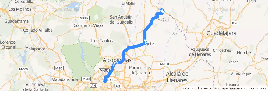 Mapa del recorrido Bus 184: El Casar de Talamanca - Madrid de la línea  en منطقة مدريد.
