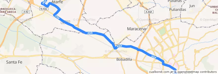 Mapa del recorrido Bus 0125: Atarfe → Granada (por Carretera de Córdoba) de la línea  en Comarca de la Vega de Granada.