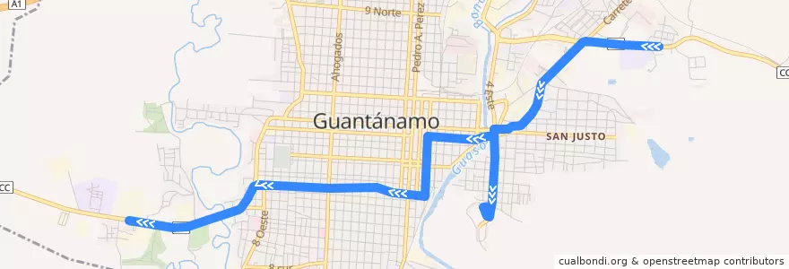 Mapa del recorrido Ruta 8: Villa Toa => Terminal de la línea  en Ciudad de Guantánamo.