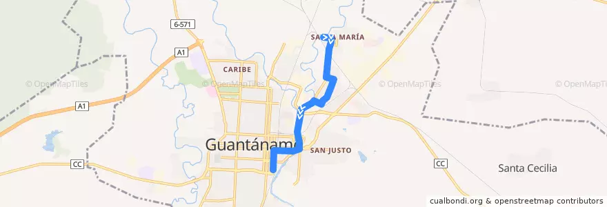 Mapa del recorrido Ruta 1: Santa María => Parque 24 de la línea  en Ciudad de Guantánamo.