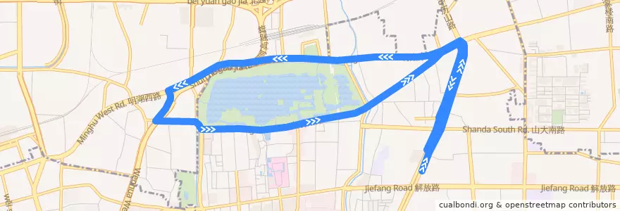 Mapa del recorrido 灯光秀摆渡2号线解放桥北—>解放桥北（停运） de la línea  en Jinan City.