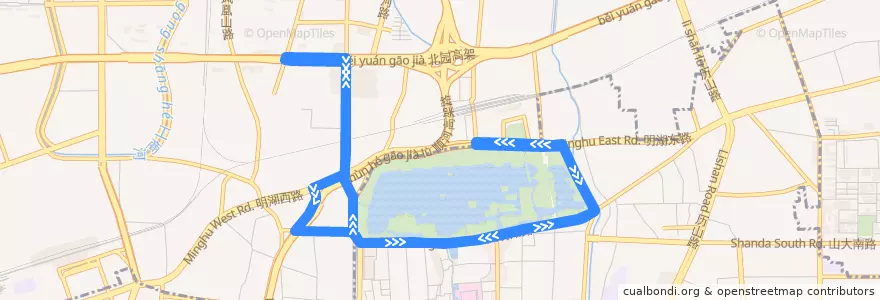 Mapa del recorrido 灯光秀摆渡1号线大明湖火车站—>大明湖火车站（停运） de la línea  en Jinan City.