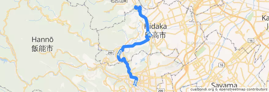 Mapa del recorrido 医大32 高麗川駅経由埼玉医大国際医療センターゆき de la línea  en Saitama Prefecture.