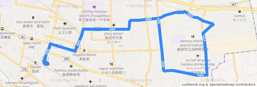 Mapa del recorrido 飯15 双柳循環 de la línea  en 飯能市.