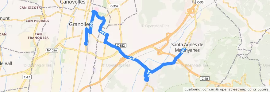 Mapa del recorrido L52 Santa Agnès - La Roca - Hospital- Granollers de la línea  en Вальес-Орьенталь.