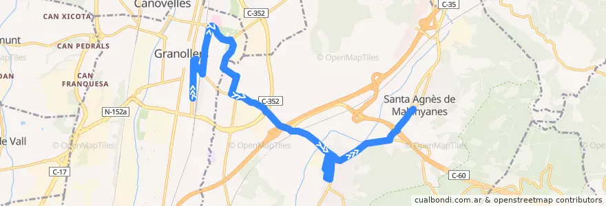 Mapa del recorrido L52 Granollers - Hospital - La Roca - Santa Agnès de la línea  en Vallès Oriental.