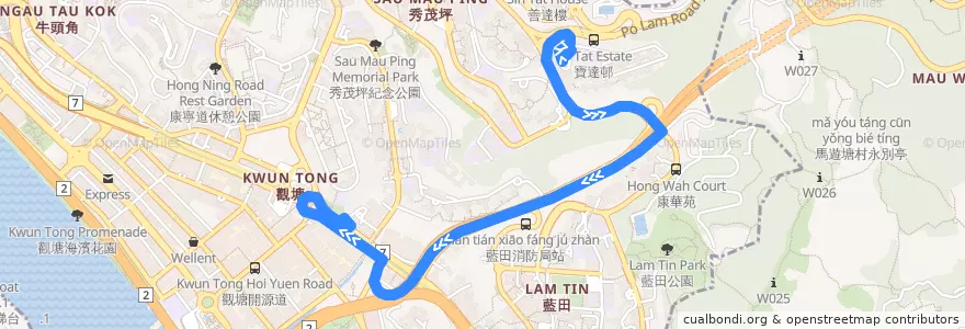 Mapa del recorrido 九巴13M線 將軍澳道特別班次 de la línea  en 觀塘區 Kwun Tong District.