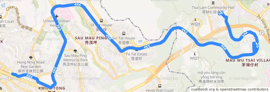 Mapa del recorrido 九巴95M線 KMB 95M (翠林 Tsui Lam → 觀塘（雅麗道） Kwun Tong (Elegance Road)) de la línea  en Nouveaux Territoires.