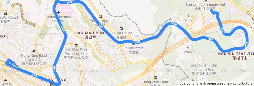 Mapa del recorrido 九巴95M線 KMB 95M (觀塘（雅麗道） Kwun Tong (Elegance Road) → 翠林 Tsui Lam) de la línea  en الأقاليم الجديدة.