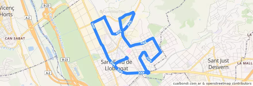 Mapa del recorrido SF1 Sant Feliu de L. Pl. Estació => Comte Vilardaga => Rbla. M. Castellbell => Lureà Miró => Pl. Estació de la línea  en Baix Llobregat.
