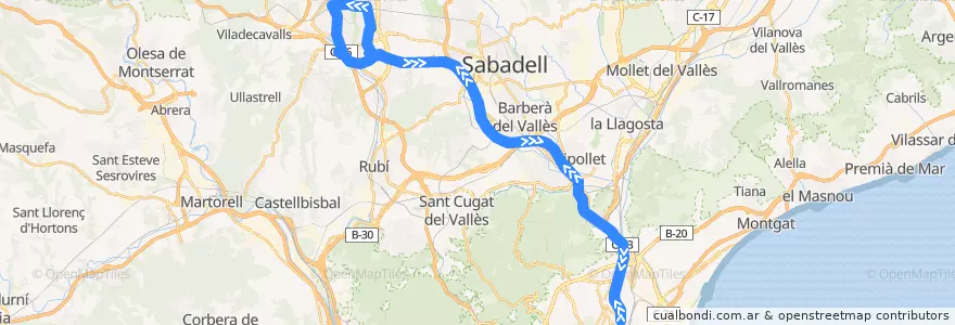 Mapa del recorrido e2.1: Barcelona - Terrassa C-58 - Barcelona de la línea  en Vallès Occidental.