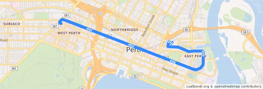 Mapa del recorrido Yellow CAT Claisebrook Station → West Perth de la línea  en City of Perth.