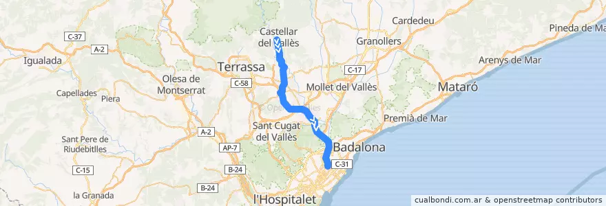 Mapa del recorrido e1: Castellar del Vallès - Sabadell - Barcelona de la línea  en Vallès Occidental.