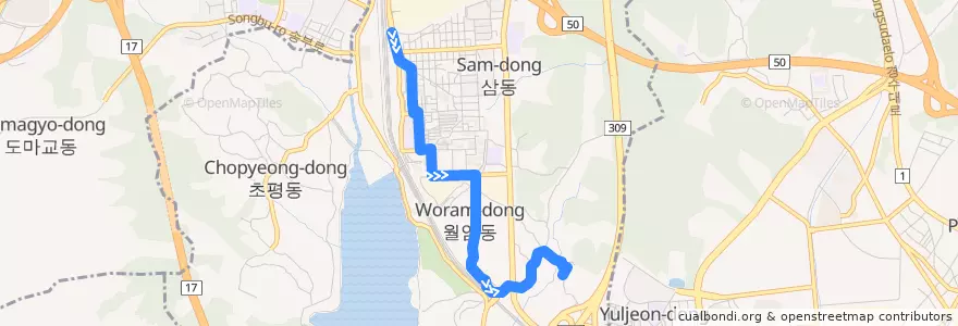 Mapa del recorrido 의왕 마을버스 07: 의왕역 → 월암2동 de la línea  en 부곡동.