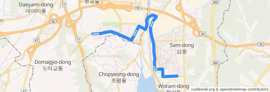 Mapa del recorrido 의왕 마을버스 07: 군포부곡도서관 → 한국철도기술연구원 de la línea  en 부곡동.