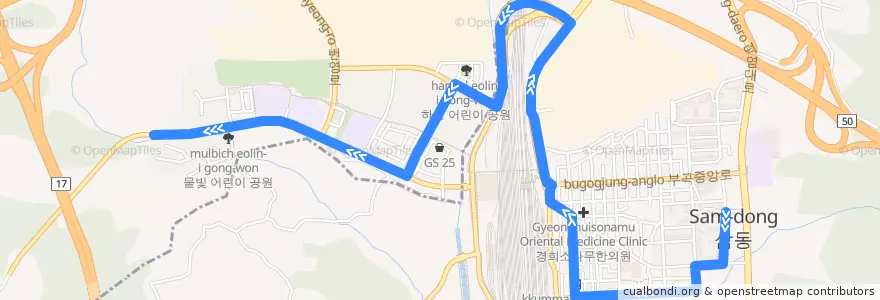 Mapa del recorrido 의왕 마을버스 07: 장안주공아파트 → 군포부곡도서관 de la línea  en 부곡동.