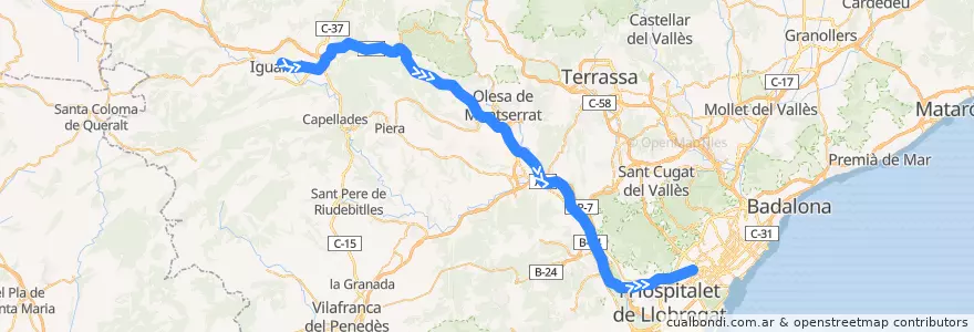 Mapa del recorrido e5: Igualada - Barcelona (A-2) de la línea  en Barcelona.