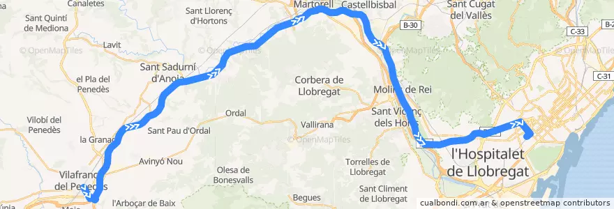 Mapa del recorrido e6: Vilafranca del Penedès - Barcelona (AP-7) de la línea  en Barcelona.