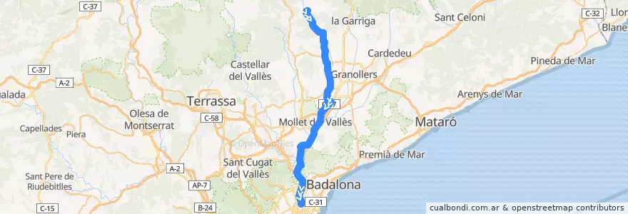 Mapa del recorrido e7: La Vall del Tenes - Barcelona de la línea  en Barcelona.