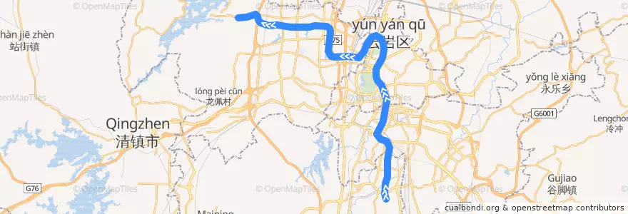 Mapa del recorrido 1 下麦西 - 小孟工业园 de la línea  en 贵阳市.