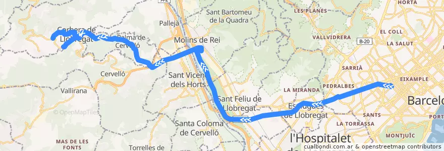 Mapa del recorrido e8: Barcelona - Molins de Rei - Corbera de Llobregat de la línea  en Баш-Льобрегат.