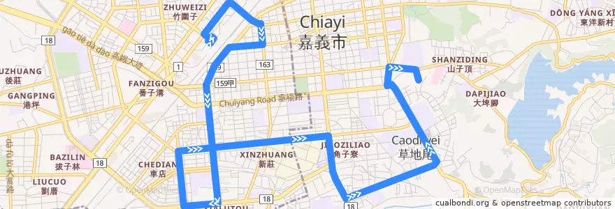 Mapa del recorrido 嘉義市 7路: 後火車站→大雅站(返程) de la línea  en Chiayi.