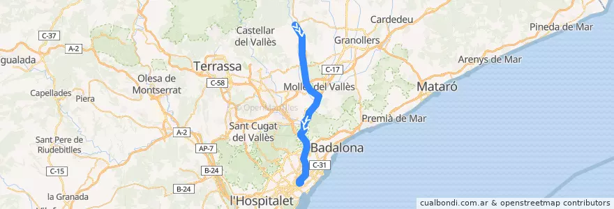 Mapa del recorrido e9: Caldes de Montbui - Palau Solità i Plegamans - Barcelona de la línea  en Barcelona.