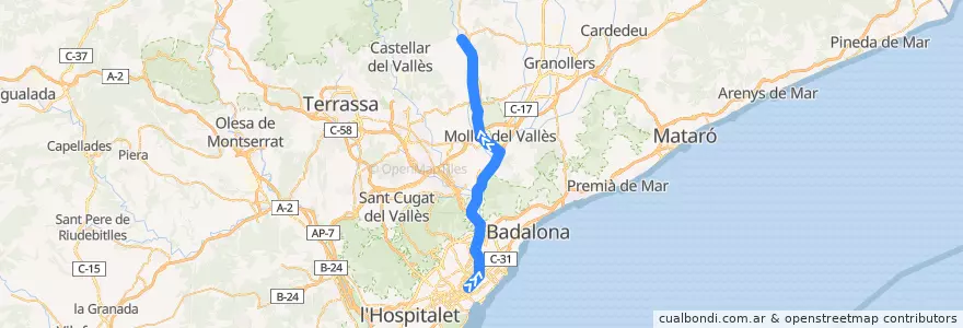 Mapa del recorrido e9: Barcelona - Palau Solità i Plegamans - Caldes de Montbui de la línea  en Barcelona.