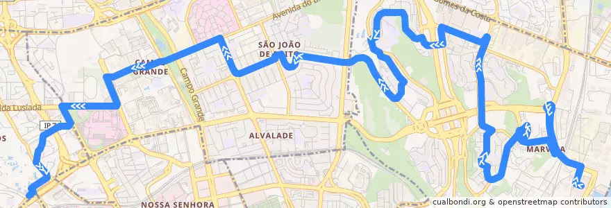 Mapa del recorrido Bus 755: Poço do Bispo → Sete Rios de la línea  en Lizbon.