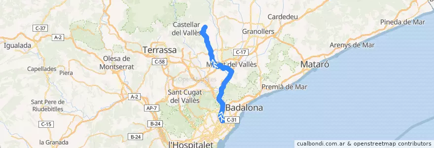 Mapa del recorrido e10: Barcelona - Setmenat de la línea  en Barcelone.